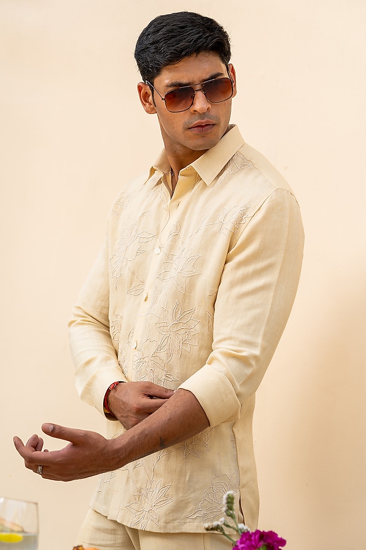 Beige Linen Digital Printed Party Wear Shirt by AYUSH JAIN at Pernia's Pop Up Shop