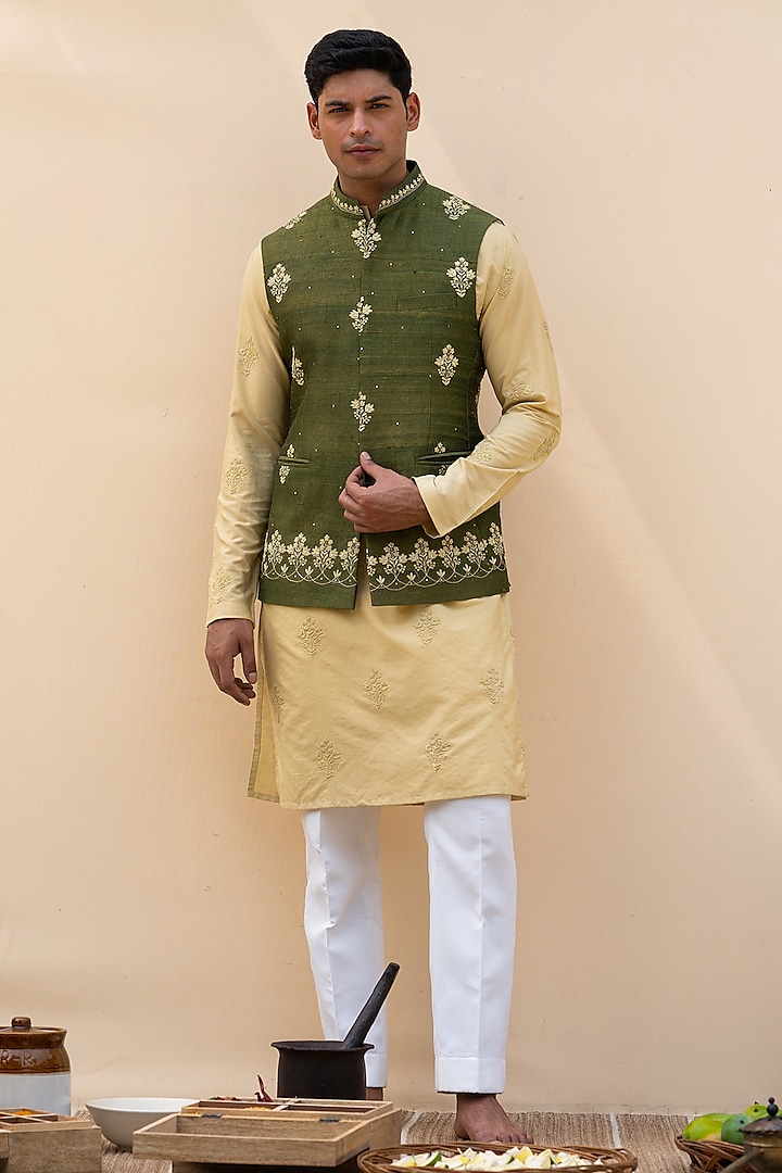 Green Silk & Cotton Silk Hand Embroidered Bundi Jacket Set by AYUSH JAIN