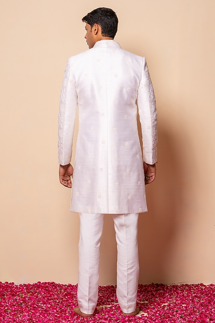 Ivory Raw Silk & Cotton Silk Hand Embroidered Wedding Indowestern Set by AYUSH JAIN at Pernia's Pop Up Shop