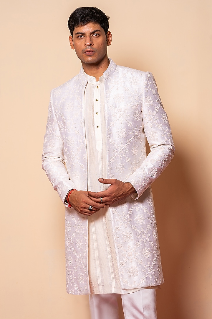 Ivory Raw Silk & Cotton Silk Hand Embroidered Wedding Indowestern Set by AYUSH JAIN at Pernia's Pop Up Shop
