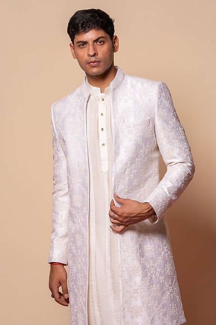 Ivory Raw Silk & Cotton Silk Hand Embroidered Wedding Indowestern Set by AYUSH JAIN at Pernia's Pop Up Shop