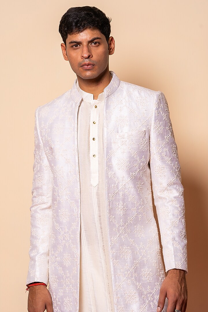 Ivory Raw Silk & Cotton Silk Hand Embroidered Wedding Indowestern Set by AYUSH JAIN at Pernia's Pop Up Shop