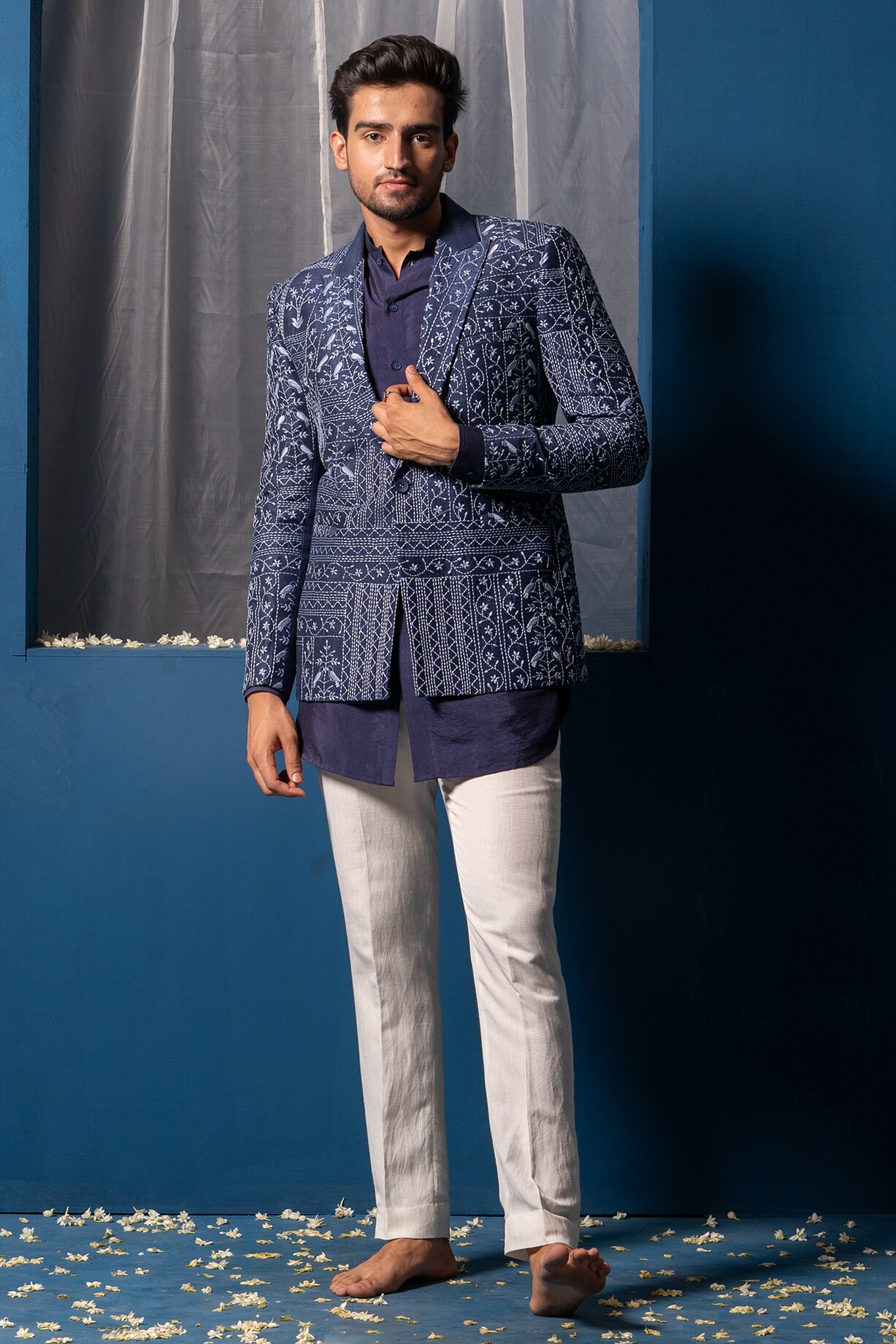 Navy Blue Indowestern Set With Hand Work For Men