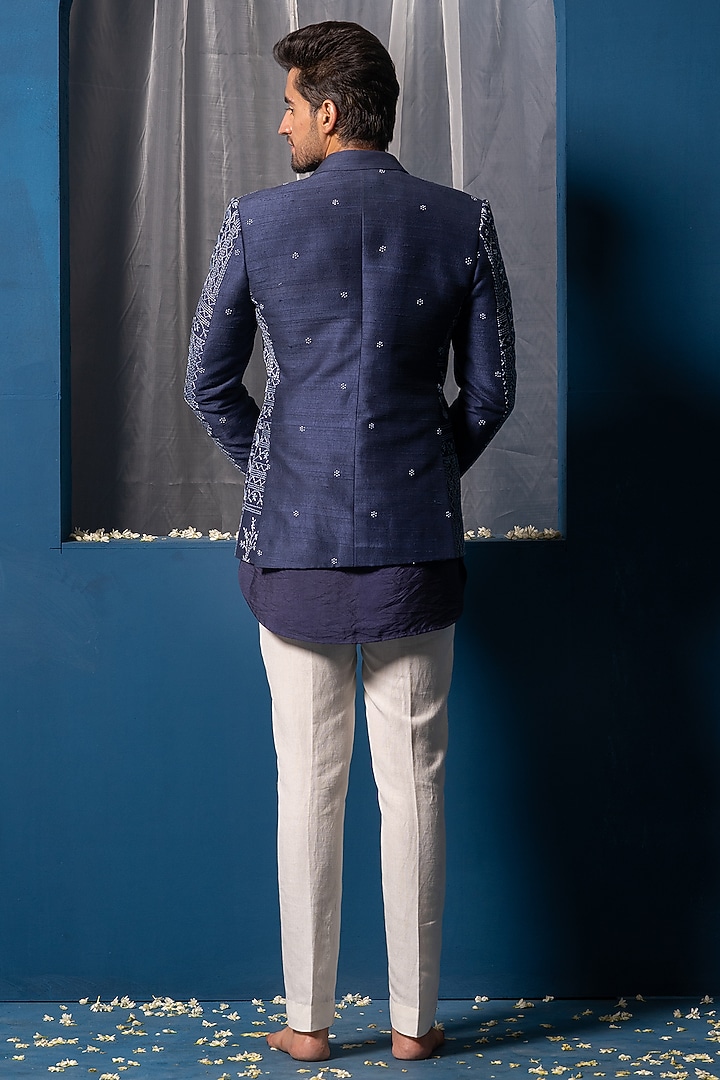 Navy Blue Raw Silk & Cotton Silk Hand Embroidered Wedding Indowestern Set by AYUSH JAIN at Pernia's Pop Up Shop