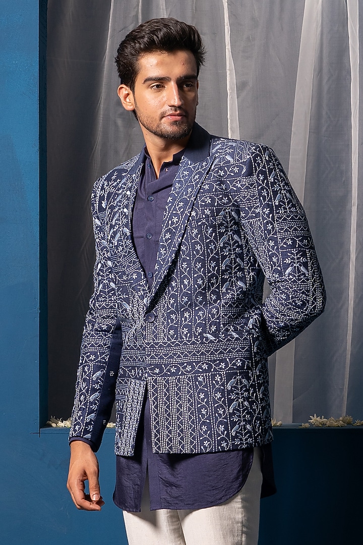 Navy Blue Raw Silk & Cotton Silk Hand Embroidered Wedding Indowestern Set by AYUSH JAIN at Pernia's Pop Up Shop