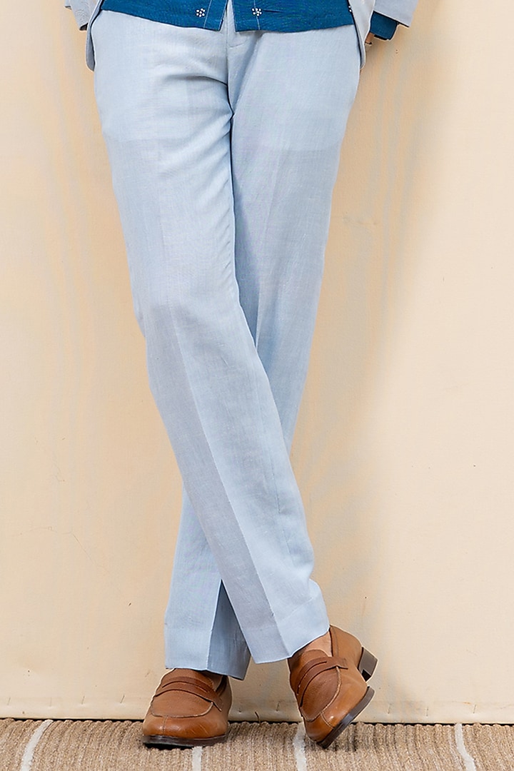 Light Blue Linen Hand Embroidered Blazer Set by AYUSH JAIN at Pernia's Pop Up Shop