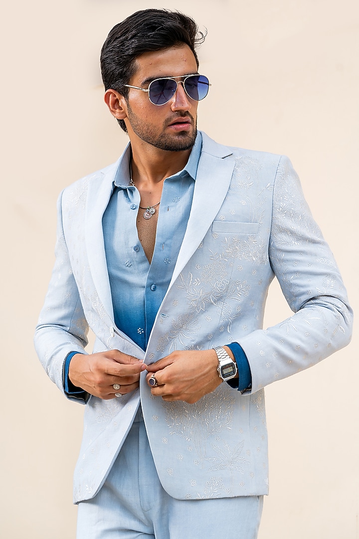 Light Blue Linen Hand Embroidered Blazer Set by AYUSH JAIN at Pernia's Pop Up Shop