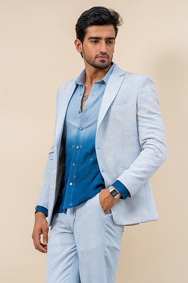 Light Blue Linen Hand Embroidered Blazer Set by AYUSH JAIN at Pernia's Pop Up Shop