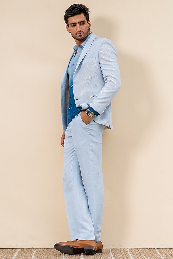 Light Blue Linen Hand Embroidered Blazer Set by AYUSH JAIN at Pernia's Pop Up Shop