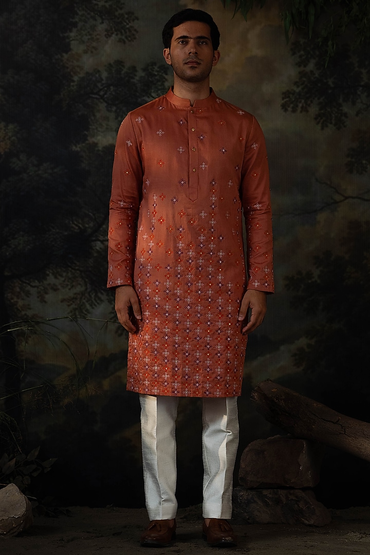 Rust Cotton Silk Resham Embroidered Kurta Set by AYUSH JAIN at Pernia's Pop Up Shop