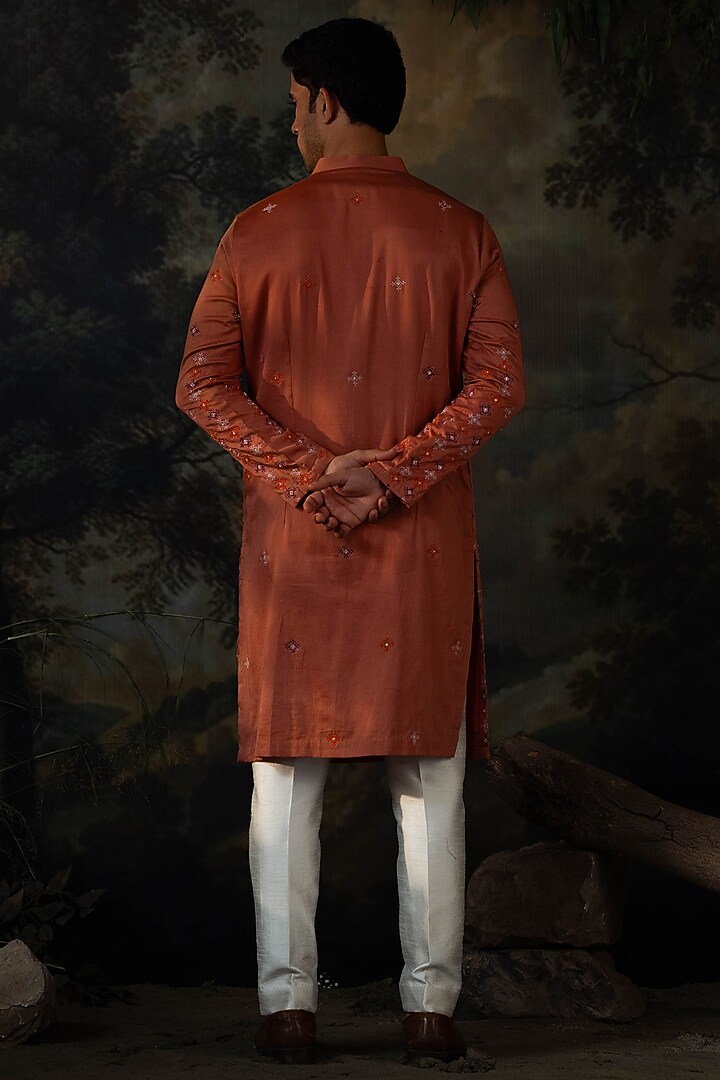 Rust Cotton Silk Resham Embroidered Kurta Set by AYUSH JAIN at Pernia's Pop Up Shop