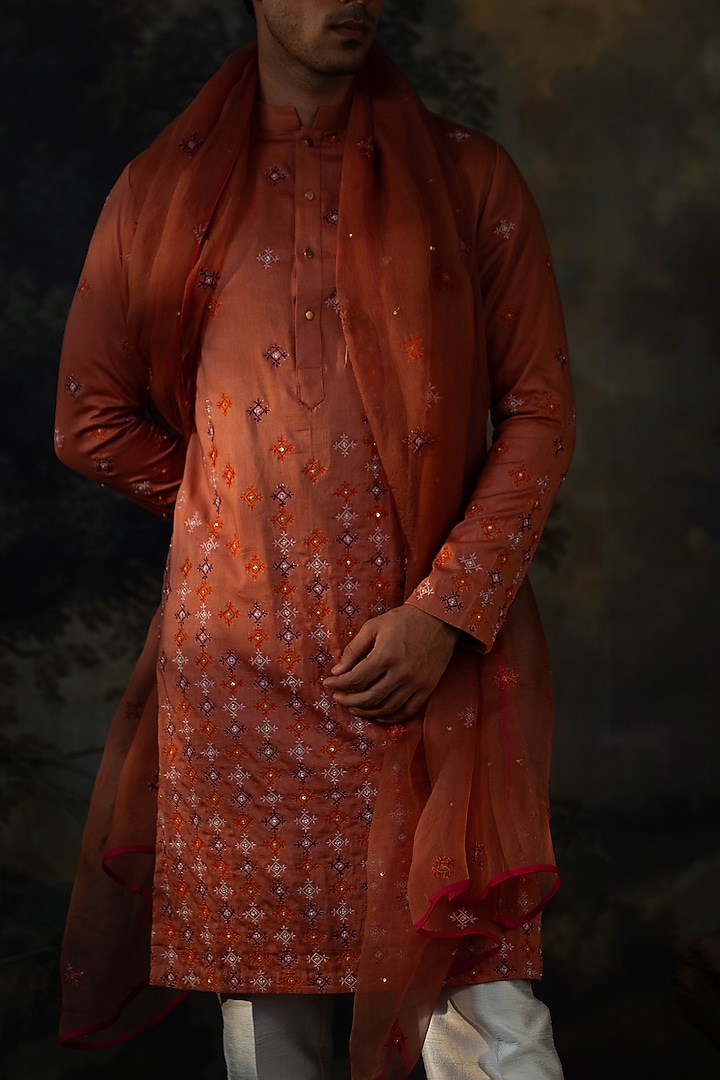Rust Cotton Silk Resham Embroidered Kurta Set by AYUSH JAIN at Pernia's Pop Up Shop