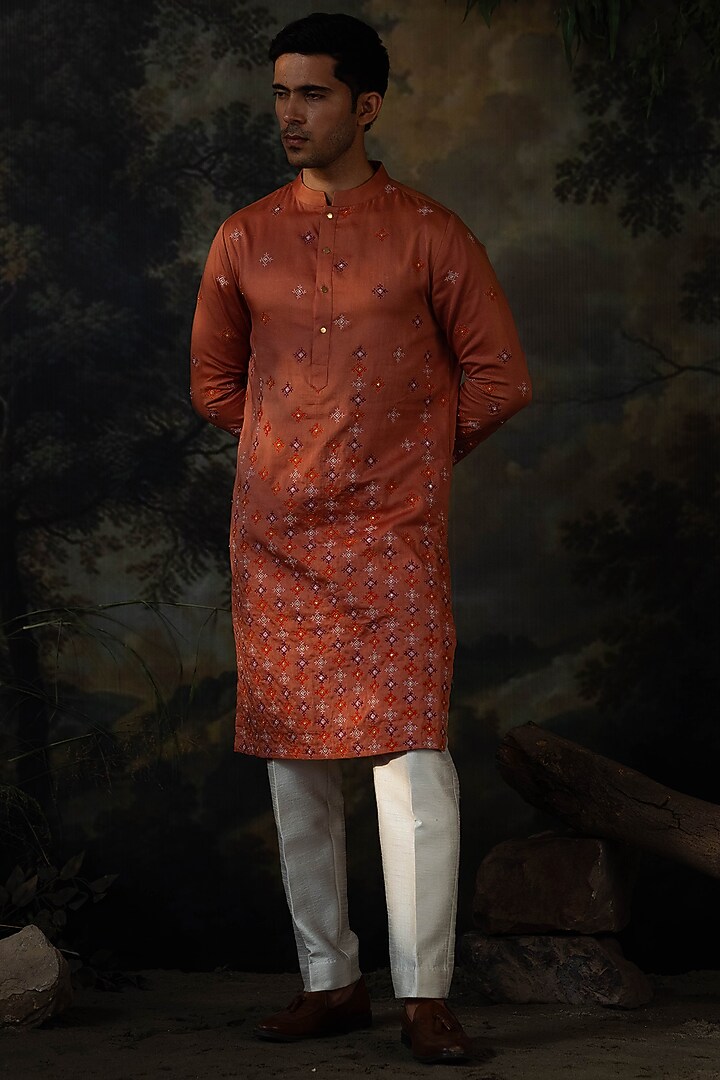 Rust Cotton Silk Resham Embroidered Kurta Set by AYUSH JAIN at Pernia's Pop Up Shop