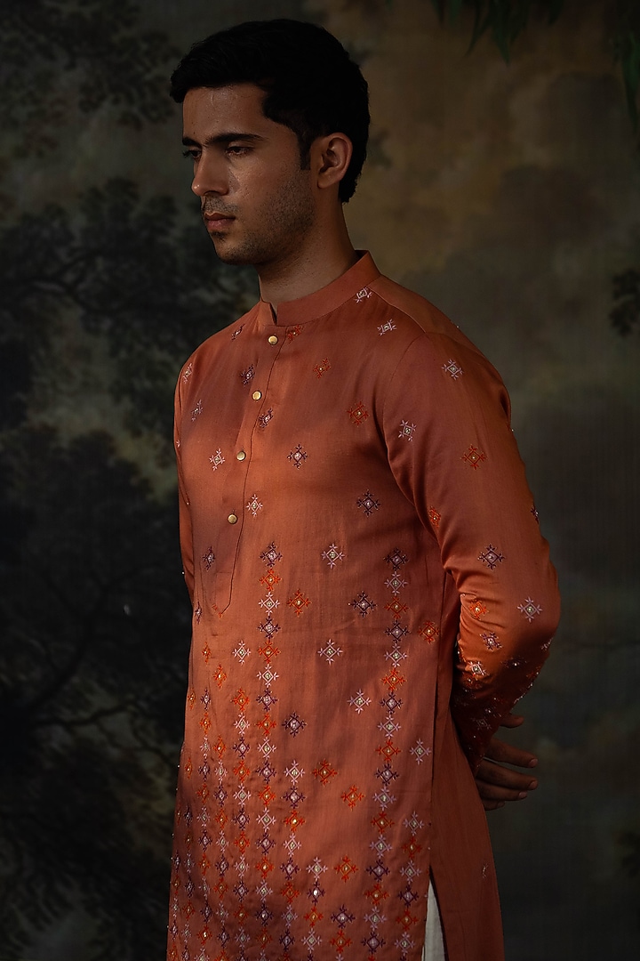 Rust Cotton Silk Resham Embroidered Kurta Set by AYUSH JAIN at Pernia's Pop Up Shop