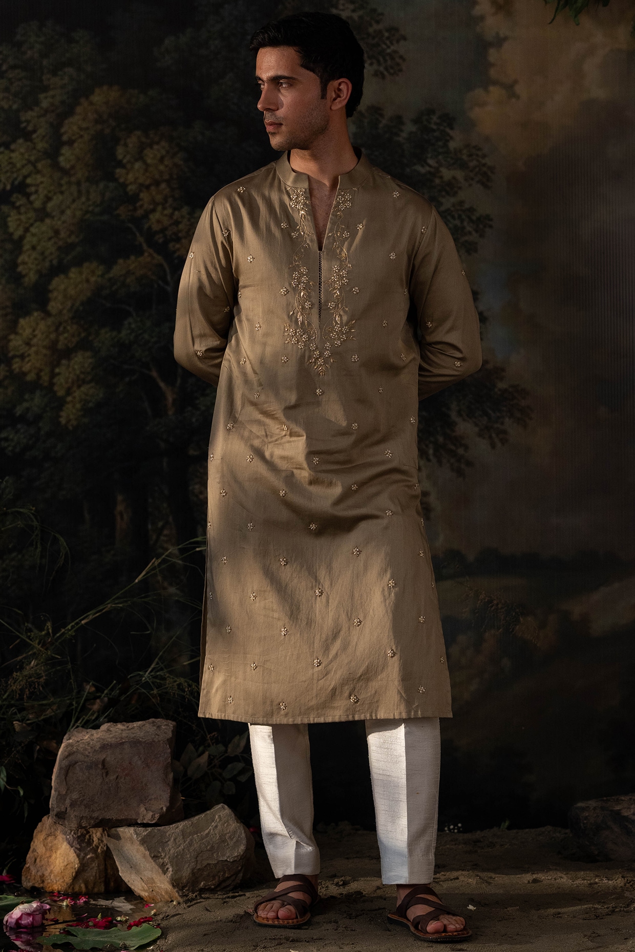 AYUSH JAIN Sage Green Cotton Silk Zardosi Hand Embroidered Kurta Set