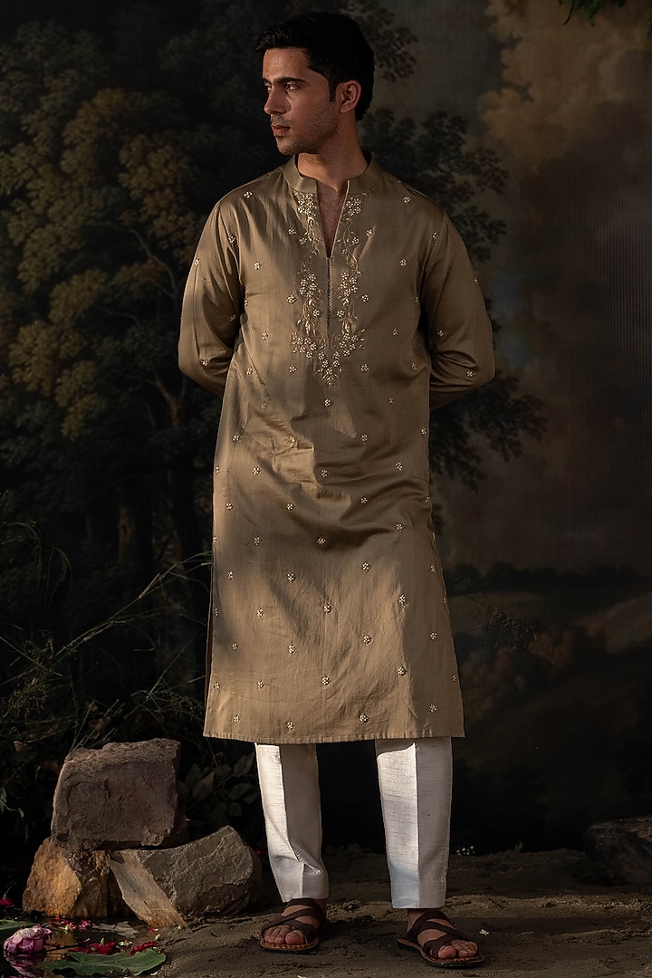Sage Green Cotton Silk Zardosi Hand Embroidered Kurta Set by AYUSH JAIN at Pernia's Pop Up Shop