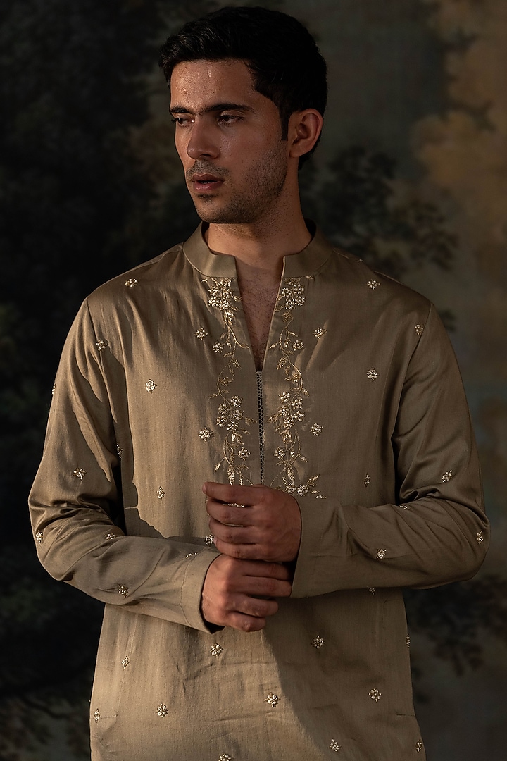 Sage Green Cotton Silk Zardosi Hand Embroidered Kurta Set by AYUSH JAIN at Pernia's Pop Up Shop