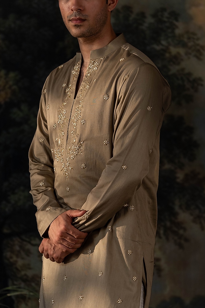 Sage Green Cotton Silk Zardosi Hand Embroidered Kurta Set by AYUSH JAIN at Pernia's Pop Up Shop