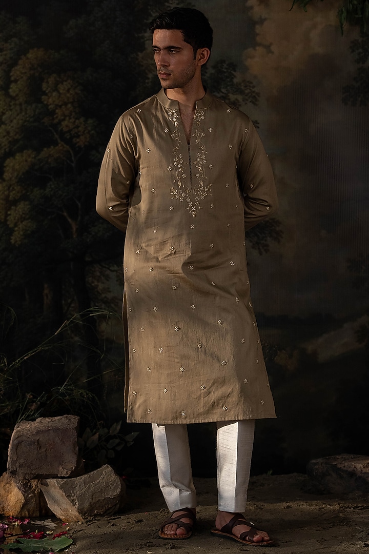 Sage Green Cotton Silk Zardosi Hand Embroidered Kurta Set by AYUSH JAIN at Pernia's Pop Up Shop