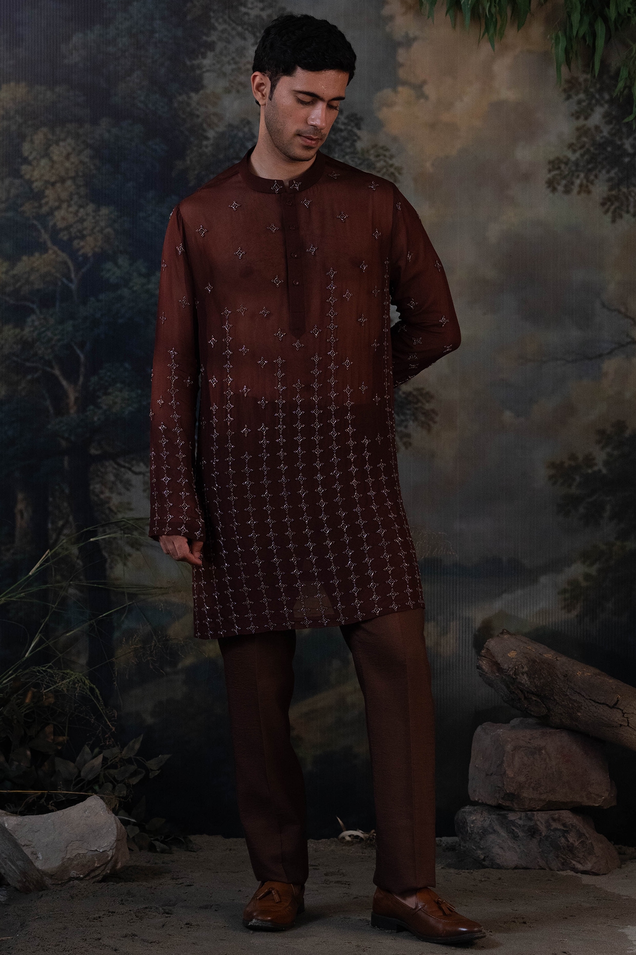 AYUSH JAIN Deep Brown Organza Hand Embroidered Kurta Set