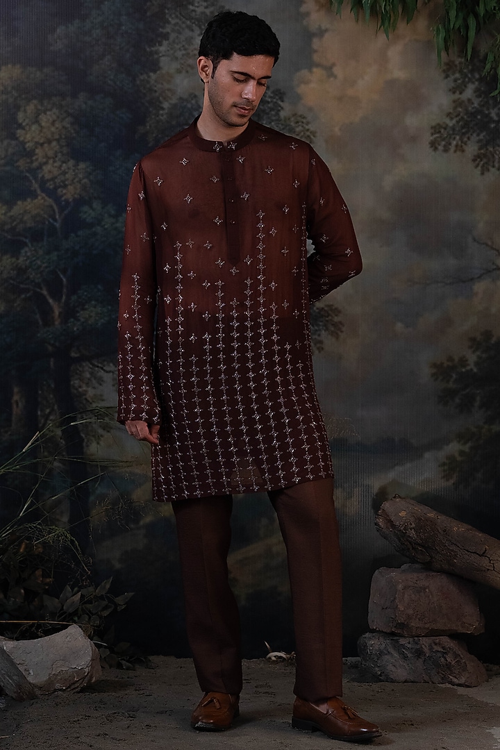 Deep Brown Organza Hand Embroidered Kurta Set by AYUSH JAIN at Pernia's Pop Up Shop