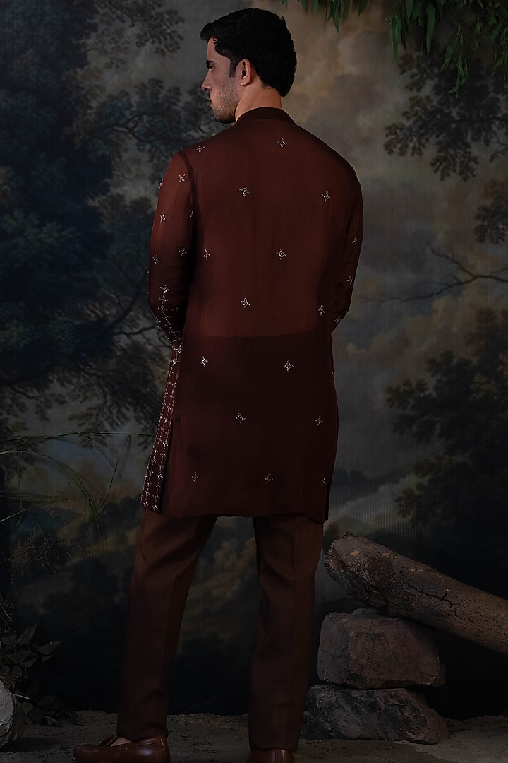 Deep Brown Organza Hand Embroidered Kurta Set by AYUSH JAIN at Pernia's Pop Up Shop
