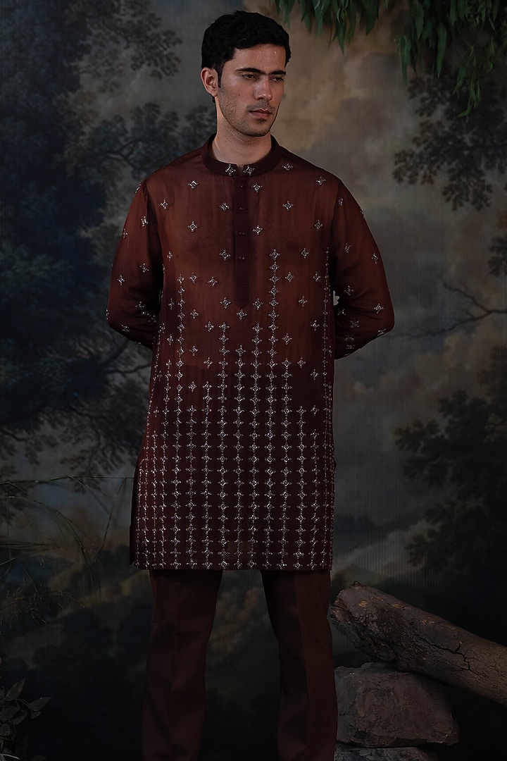 Deep Brown Organza Hand Embroidered Kurta Set by AYUSH JAIN at Pernia's Pop Up Shop