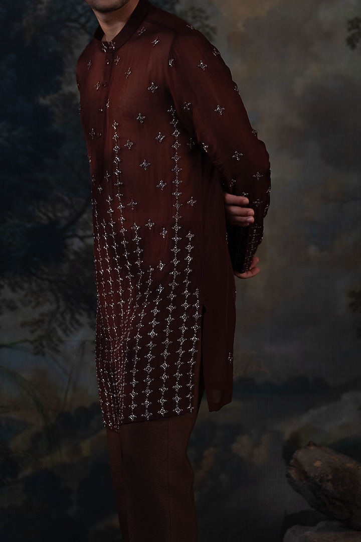 Deep Brown Organza Hand Embroidered Kurta Set by AYUSH JAIN at Pernia's Pop Up Shop