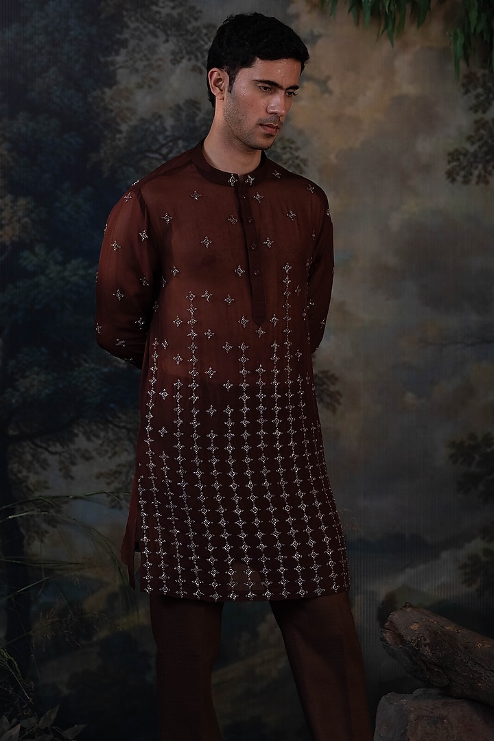 Deep Brown Organza Hand Embroidered Kurta Set by AYUSH JAIN at Pernia's Pop Up Shop