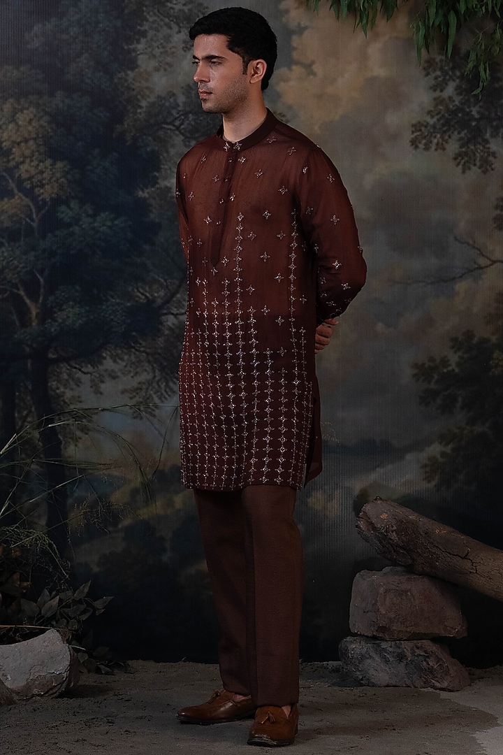 Deep Brown Organza Hand Embroidered Kurta Set by AYUSH JAIN at Pernia's Pop Up Shop