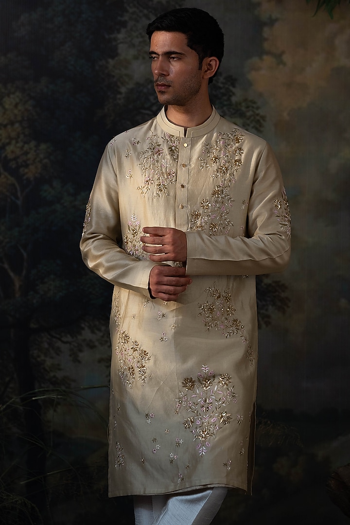 Sage Green Chanderi Zardosi Embroidered Kurta Set by AYUSH JAIN at Pernia's Pop Up Shop