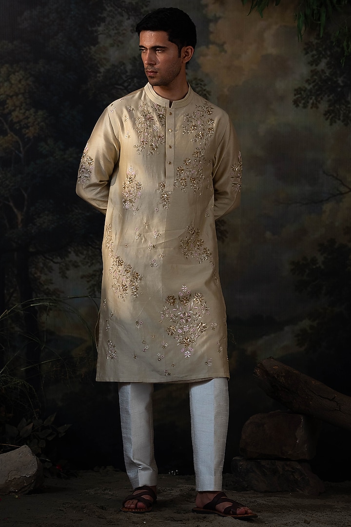 Sage Green Chanderi Zardosi Embroidered Kurta Set by AYUSH JAIN at Pernia's Pop Up Shop