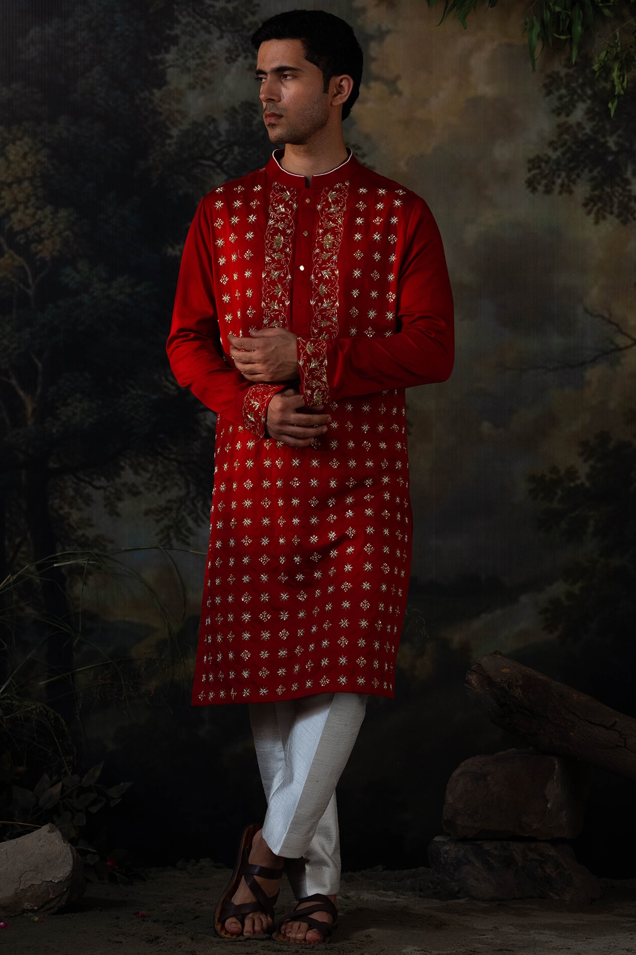 AYUSH JAIN Red Silk Resham Embroidered Kurta Set