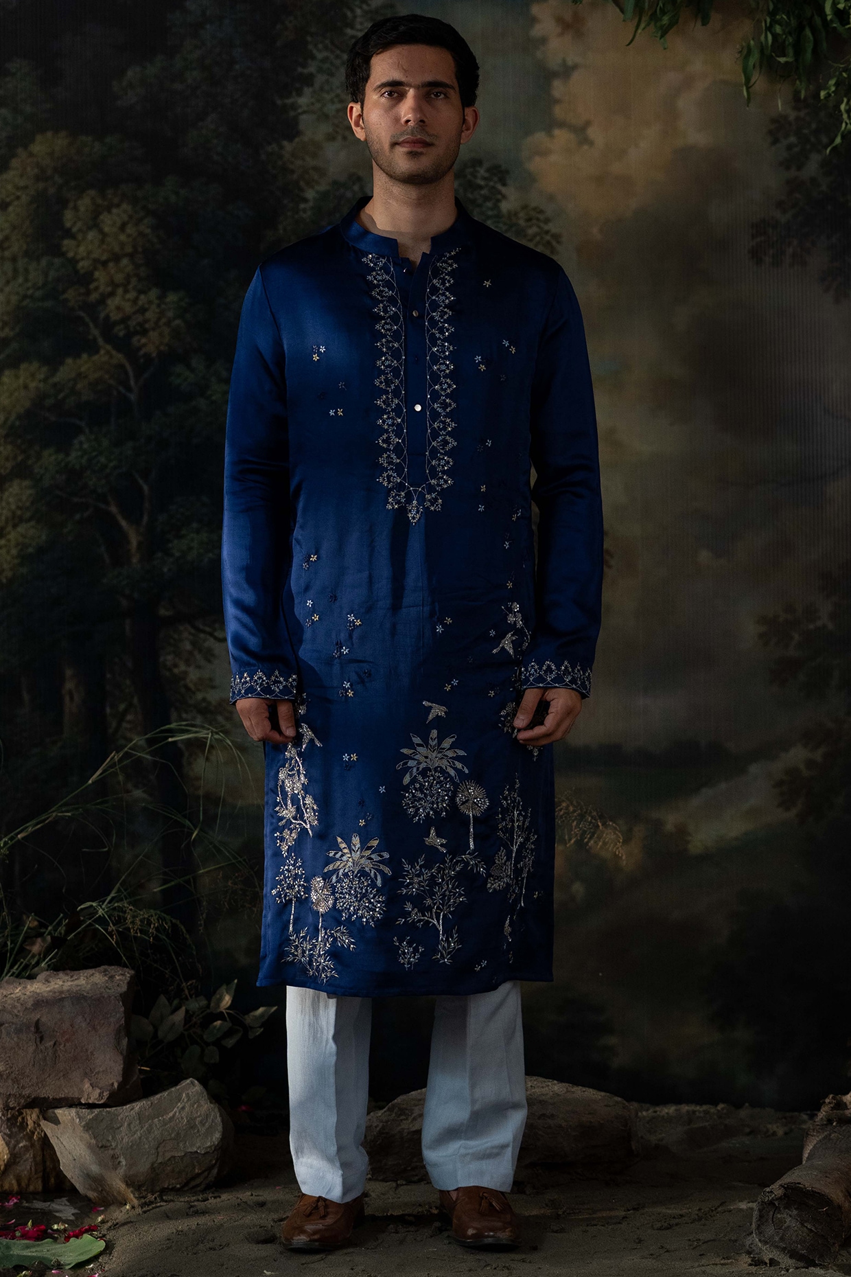 AYUSH JAIN Deep Blue Cotton Silk Resham Embroidered Kurta Set