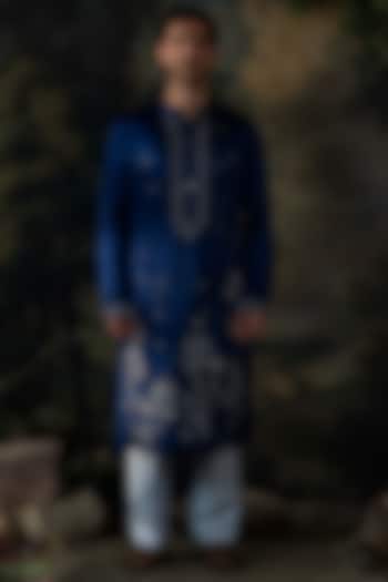Deep Blue Cotton Silk Resham Embroidered Kurta Set by AYUSH JAIN at Pernia's Pop Up Shop