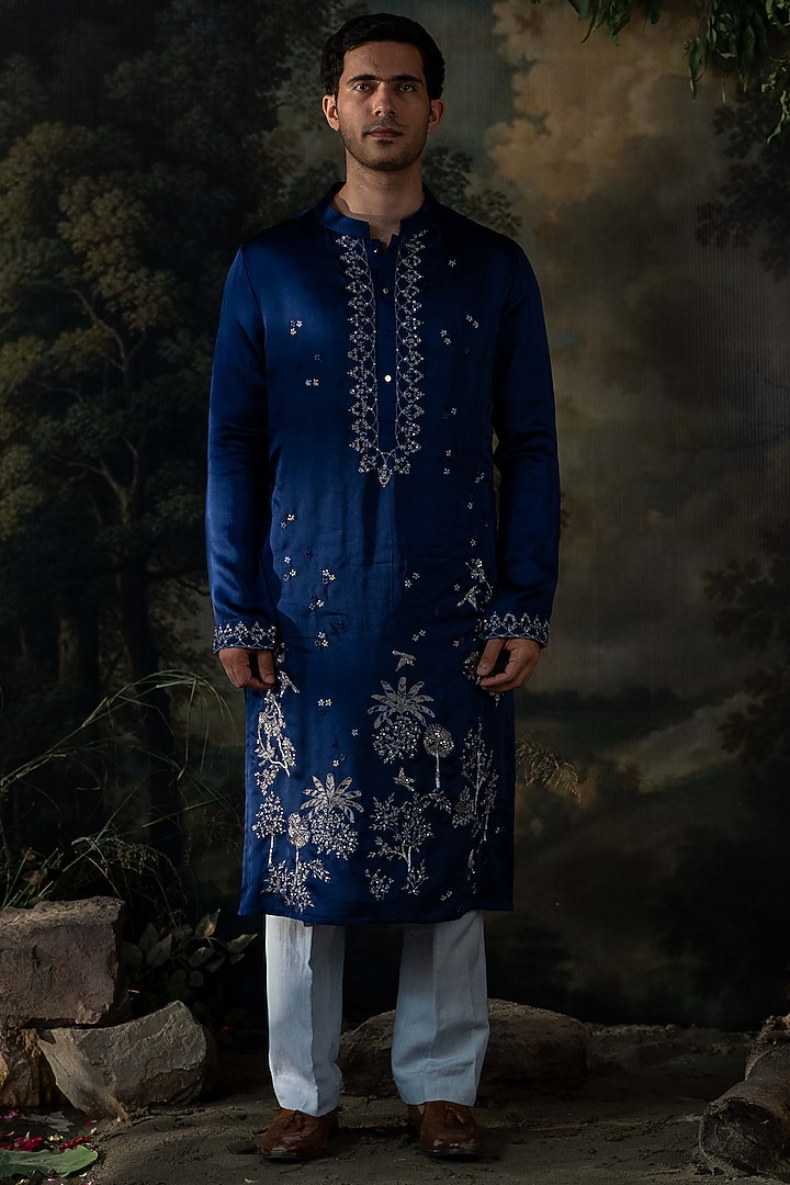 Deep Blue Cotton Silk Resham Embroidered Kurta Set by AYUSH JAIN at Pernia's Pop Up Shop