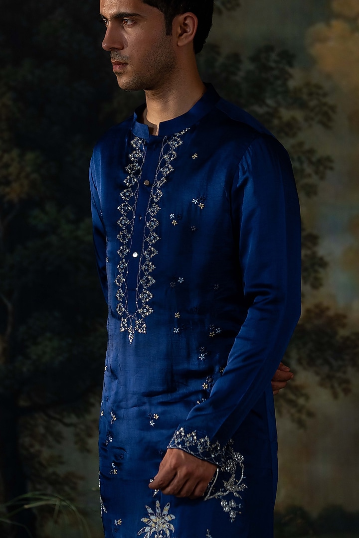 Deep Blue Cotton Silk Resham Embroidered Kurta Set by AYUSH JAIN at Pernia's Pop Up Shop