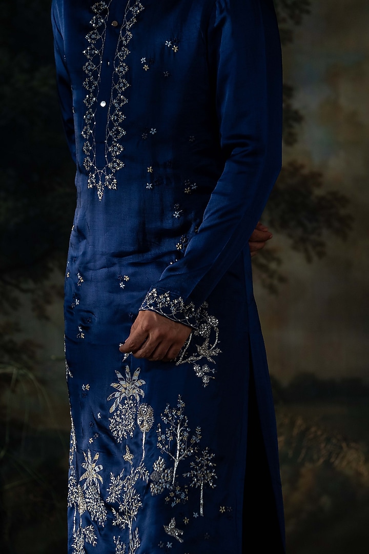 Deep Blue Cotton Silk Resham Embroidered Kurta Set by AYUSH JAIN at Pernia's Pop Up Shop