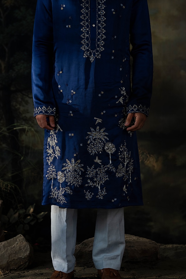 Deep Blue Cotton Silk Resham Embroidered Kurta Set by AYUSH JAIN at Pernia's Pop Up Shop