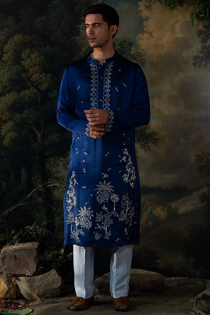Deep Blue Cotton Silk Resham Embroidered Kurta Set by AYUSH JAIN at Pernia's Pop Up Shop