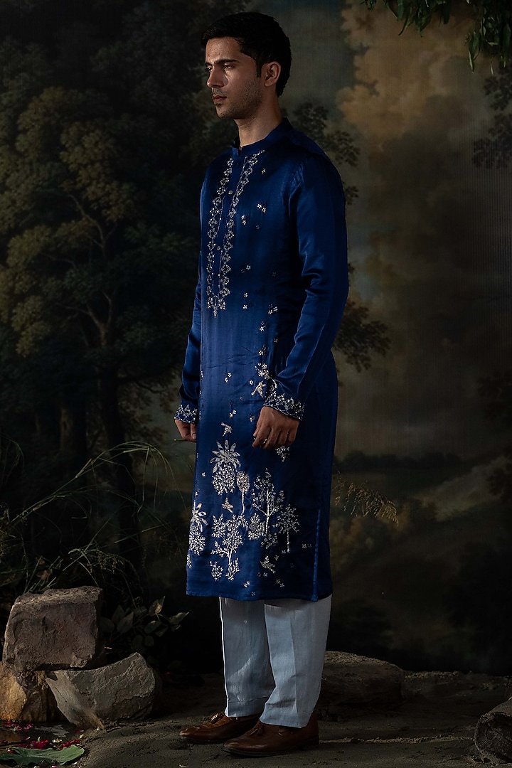 Deep Blue Cotton Silk Resham Embroidered Kurta Set by AYUSH JAIN at Pernia's Pop Up Shop