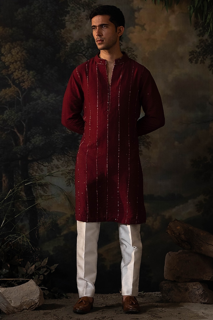 Wine Red Chanderi Cutdana Embroidered Kurta Set by AYUSH JAIN at Pernia's Pop Up Shop