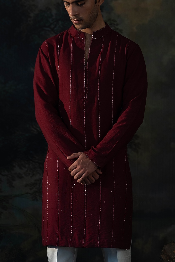Wine Red Chanderi Cutdana Embroidered Kurta Set by AYUSH JAIN at Pernia's Pop Up Shop