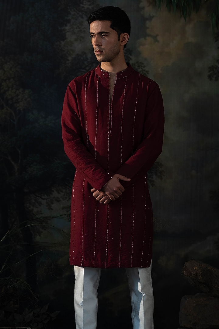 Wine Red Chanderi Cutdana Embroidered Kurta Set by AYUSH JAIN at Pernia's Pop Up Shop