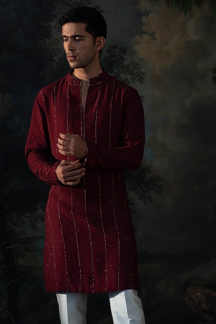 Wine Red Chanderi Cutdana Embroidered Kurta Set by AYUSH JAIN at Pernia's Pop Up Shop