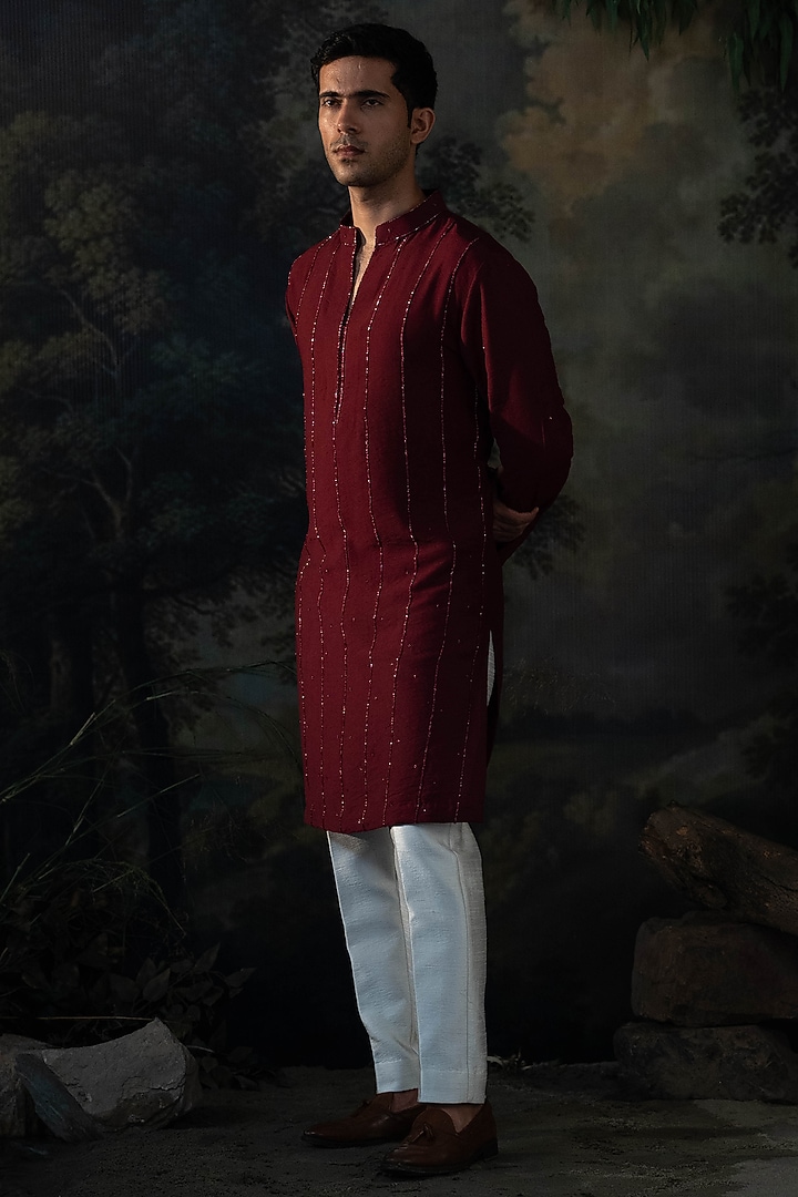 Wine Red Chanderi Cutdana Embroidered Kurta Set by AYUSH JAIN at Pernia's Pop Up Shop