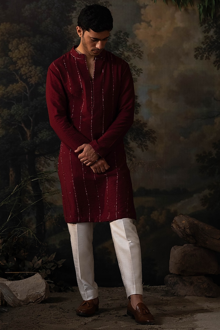 Wine Red Chanderi Cutdana Embroidered Kurta Set by AYUSH JAIN at Pernia's Pop Up Shop