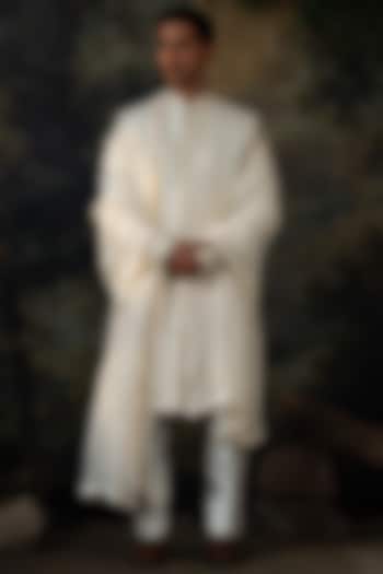 Ivory Silk Thread Embroidered Groom Sherwani Set by AYUSH JAIN at Pernia's Pop Up Shop
