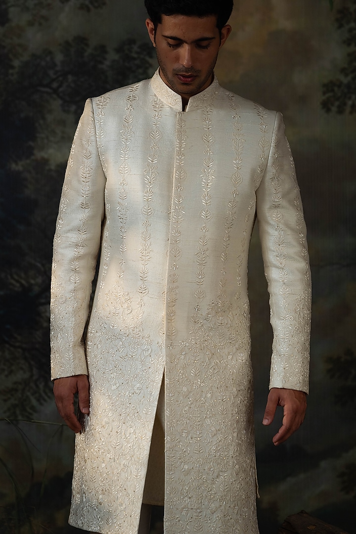Ivory Silk Thread Embroidered Groom Sherwani Set by AYUSH JAIN at Pernia's Pop Up Shop