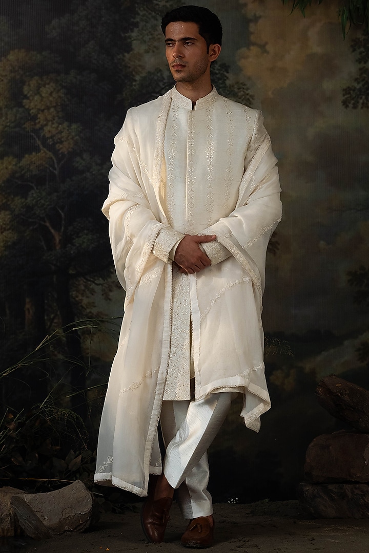 Ivory Silk Thread Embroidered Groom Sherwani Set by AYUSH JAIN at Pernia's Pop Up Shop